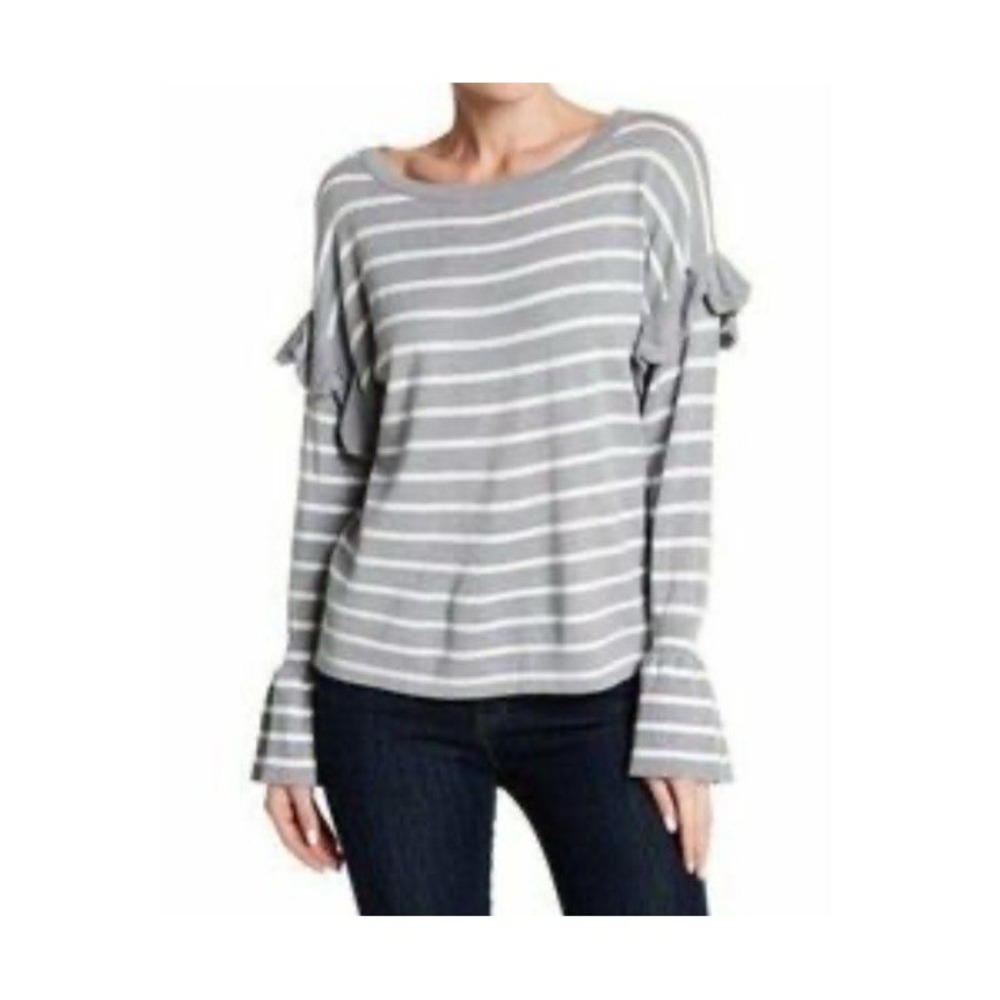 Cupio Sweater Medium Gray Stripe Ruffle Bell Sleeve Boho Pullover Artsy Rayon